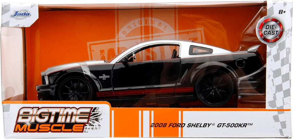 Big Time Muscle 1:24 2008 Ford Shelby GT-500KR Die-Cast Car, Toys for Kids and Adults(Black/Silver)