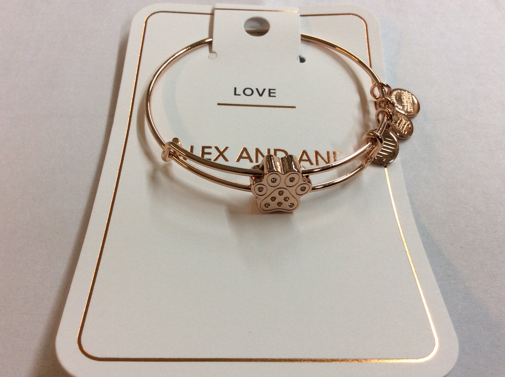 Alex and Ani Pave Paw Print Symbol Bead Bangle Bracelet Shiny Rose Gold One Size