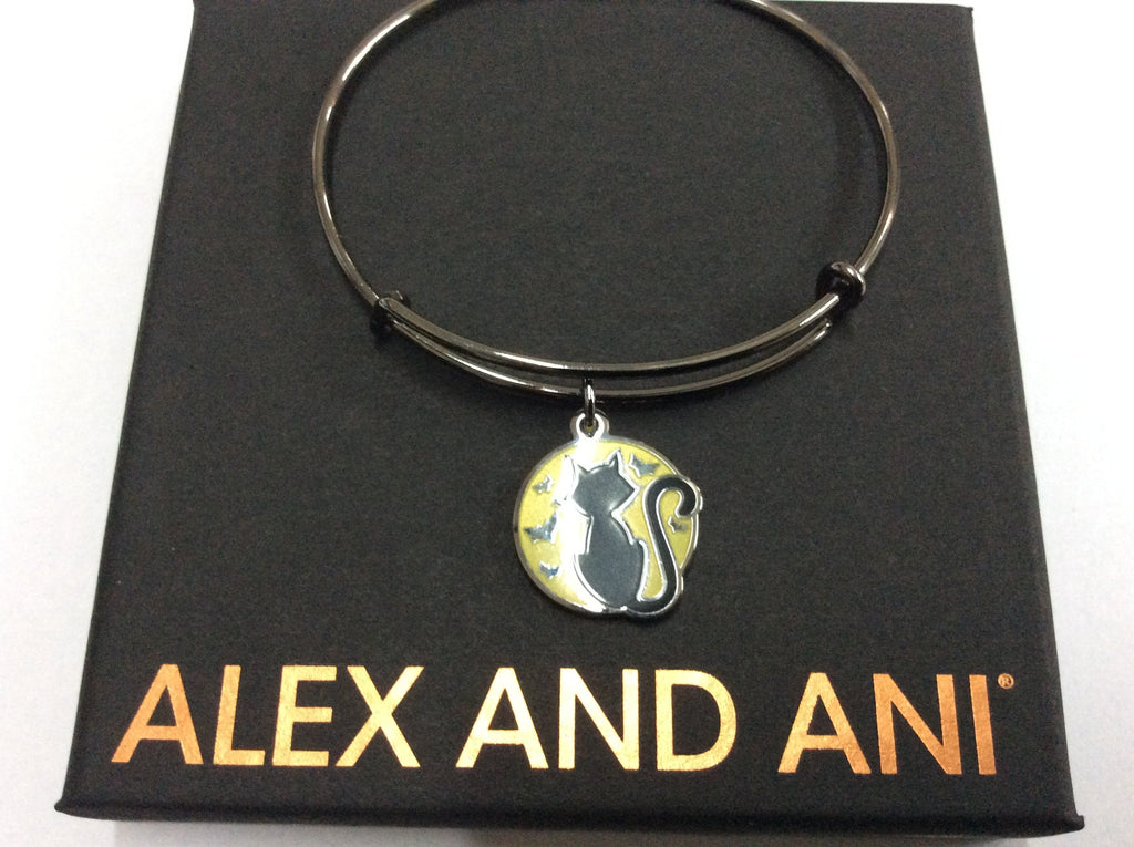 Alex and Ani Women's Color Infusion Black Cat Charm Bangle Midnight Silver, Midnight Silver