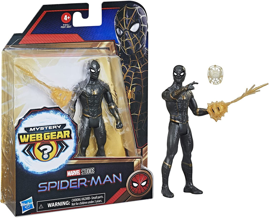 Spider-Man Marvel 6-Inch Mystery Web Gear Black and Gold Suit Action Figure, Includes Mystery Web Gear Armor Accessory and Character Accessory, Ages 4 and Up