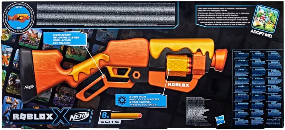 NERF Roblox Adopt Me!: Bees! Lever Action Dart Blaster, Rotating 8-Dart Drum, 8 Elite Darts