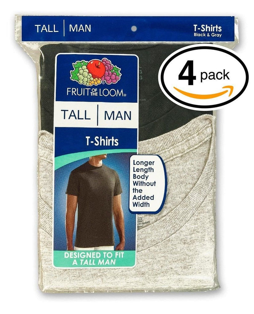 Fruit of the Loom Men's Tall Man Crew Neck T-Shirt's Black And Gray 2 or 4 pack