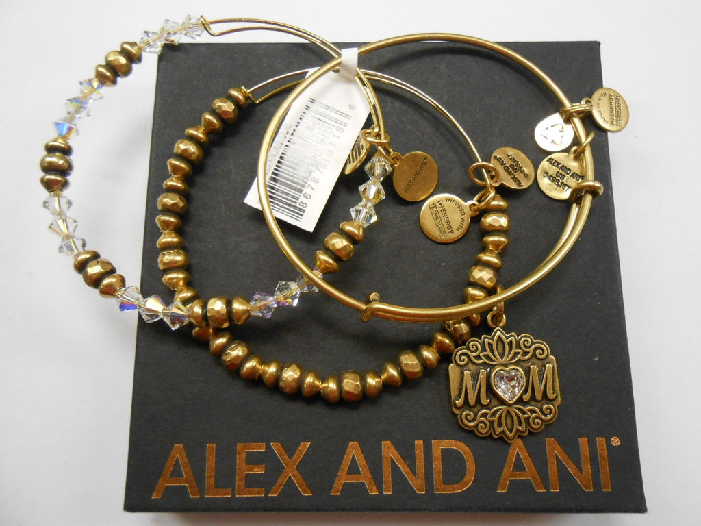 Alex and Ani Women's Mom Set of 3 Bangle Bracelet, Rafaelian Gold, Expandable