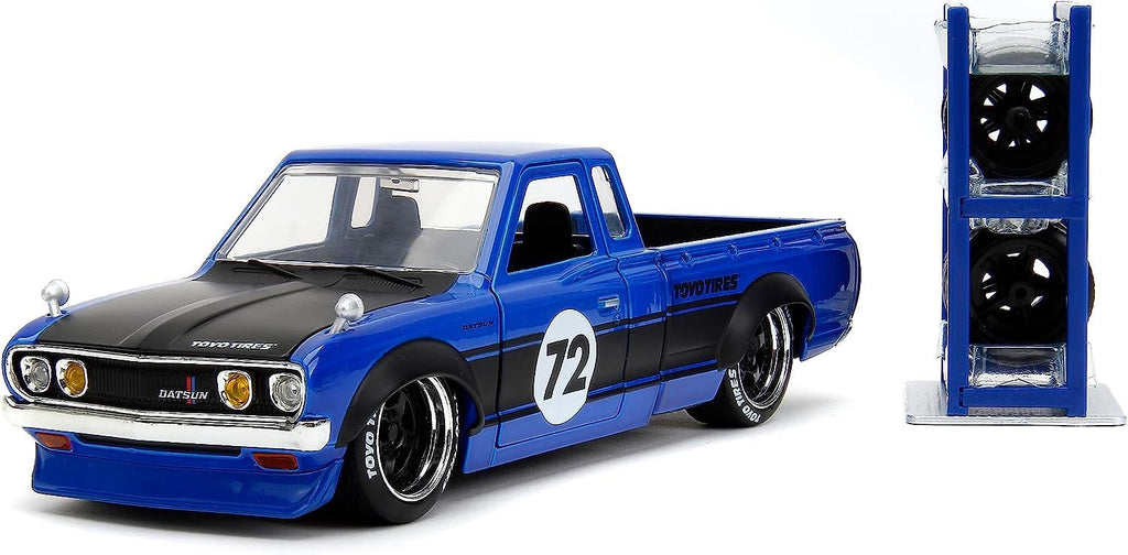 Just Trucks 1:24 Datsun 620 Pickup Die-Cast Truck w/Tire Rack, Toys for Kids and Adults(Blue/Black Stripe)