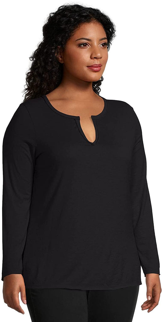 JUST MY SIZE Women's Plus Size Split Neck Long Sleeve Tee