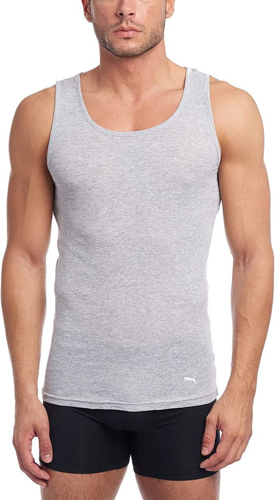 PUMA Men's 3 Pack Ribbed Tank Tops, White/Gray/Black, L