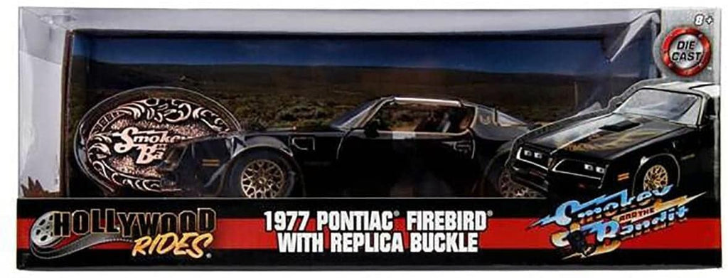 1977 Pontiac Firebird Trans Am Black with Replica Buckle Smokey and The Bandit (1977) Movie Hollywood Rides 1/24 Diecast Model Car by Jada 30998