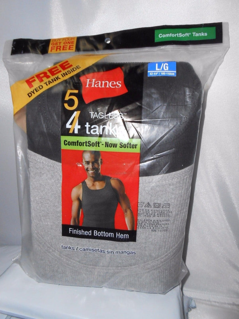 Hanes Mens A-Shirts 5 pack Tank Tops Wife Beater Black and Gray Size LARGE