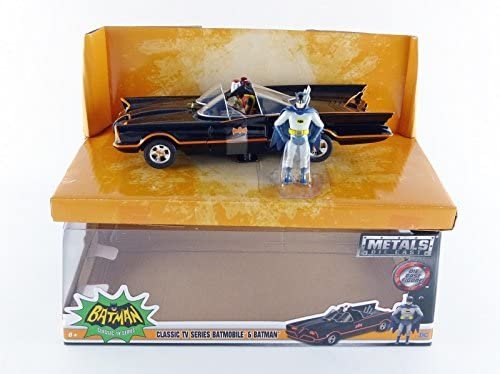Jada Toys DC Comics 1966 Classic TV Series Batmobile with Batman and Robin figures; 1:24 Scale Metals Die-Cast Collectible Vehicle