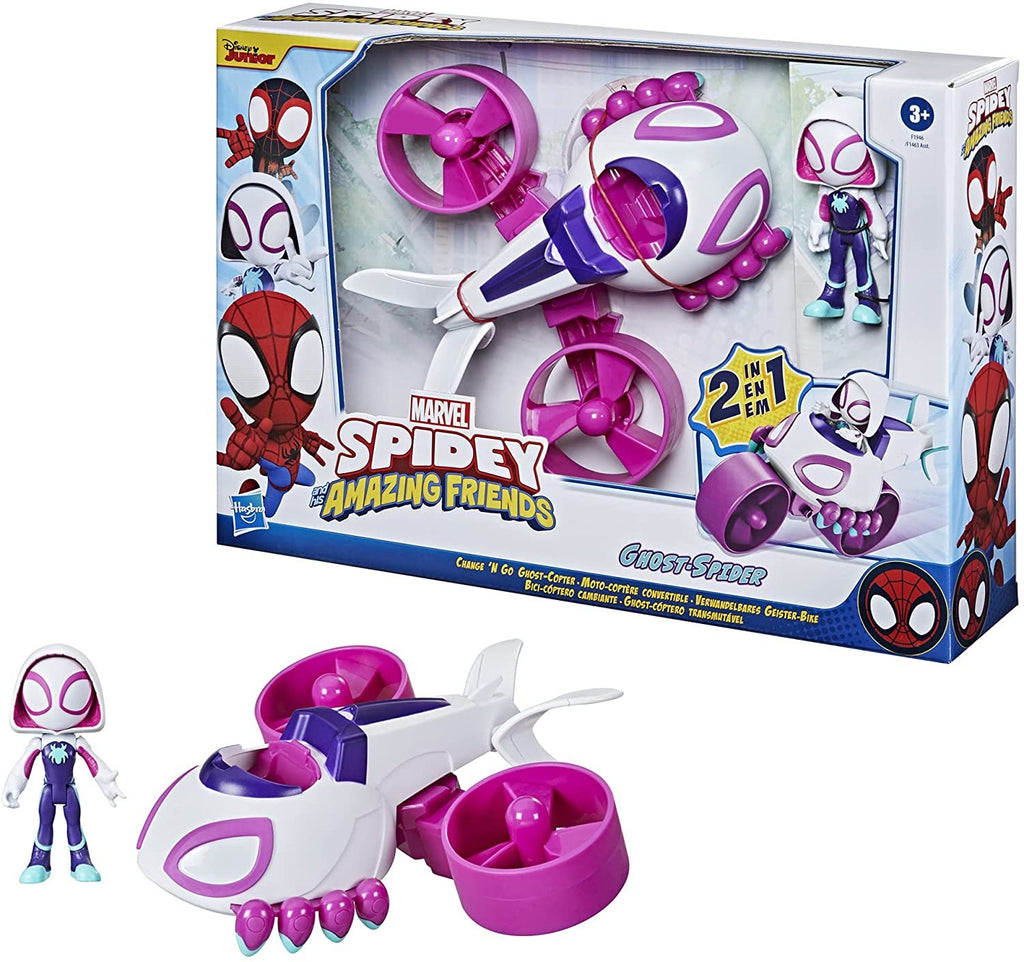 Marvel Spidey and His Amazing Friends Change 'N Go Ghost-Copter and Ghost-Spider 4-inch Action Figure, 2-in-1 Vehicle for Kids Ages 3 and Up