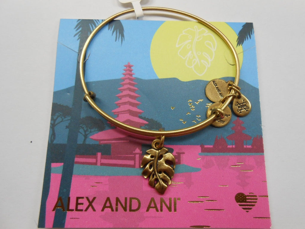 Alex and Ani Women's Palm Leaf Charm Bangle Bracelet, Rafaelian Gold, Expandable