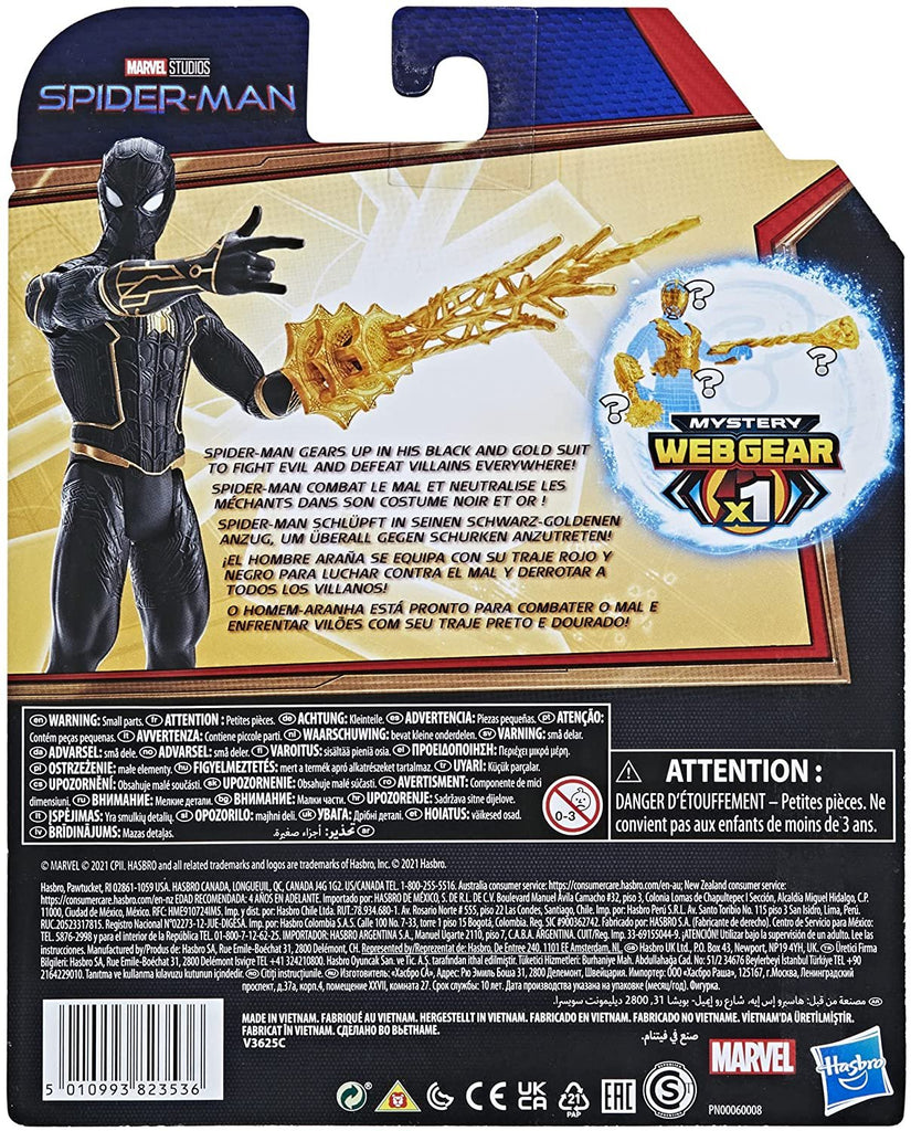 Spider-Man Marvel 6-Inch Mystery Web Gear Black and Gold Suit Action Figure, Includes Mystery Web Gear Armor Accessory and Character Accessory, Ages 4 and Up