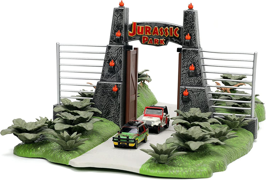 Jurassic Park 30th Anniversary Jurassic Gate Nano Scene Diorama w/ Two 1.65" Die-Cast Cars, Toys for Kids and Adults