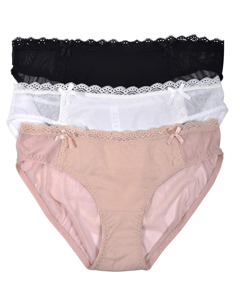 Elle Women's Bikinis Panties - 6-Pack Cotton/Spandex Bikini Lace Waistband Mesh Sides