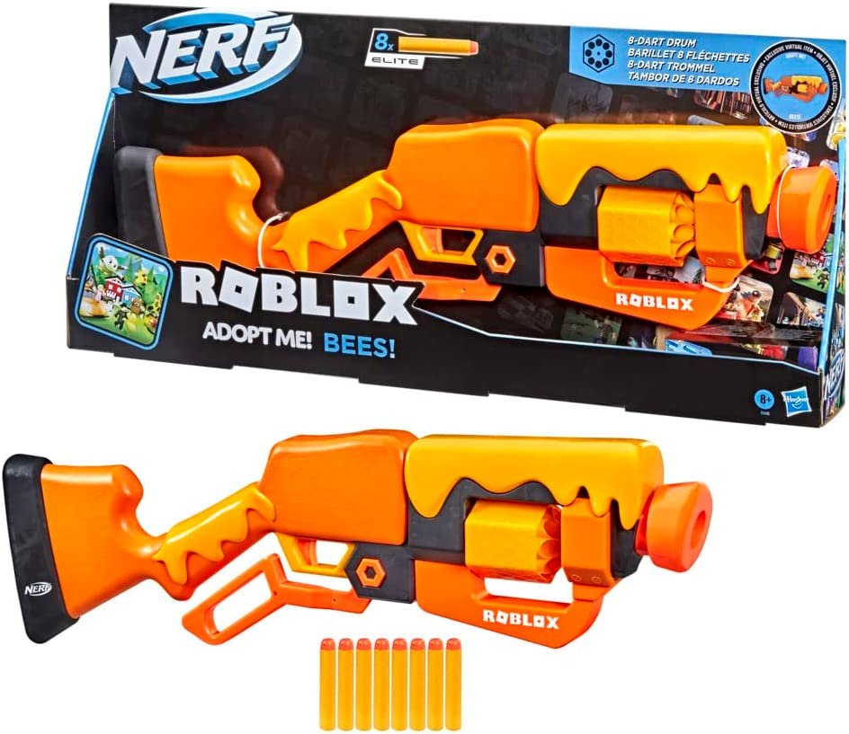 NERF Roblox Adopt Me!: Bees! Lever Action Dart Blaster, Rotating 8-Dart Drum, 8 Elite Darts