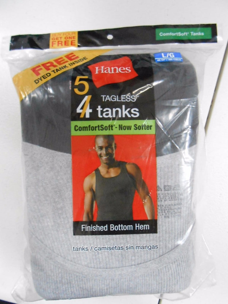 Hanes Mens A-Shirts 5 pack Tank Tops Wife Beater Black and Gray Size LARGE