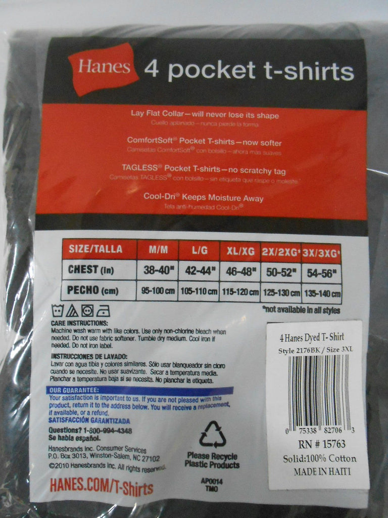 Hanes Men's Pocket T-shirts 4-pack Sizes M-3X Black, Gray, Red or Blue