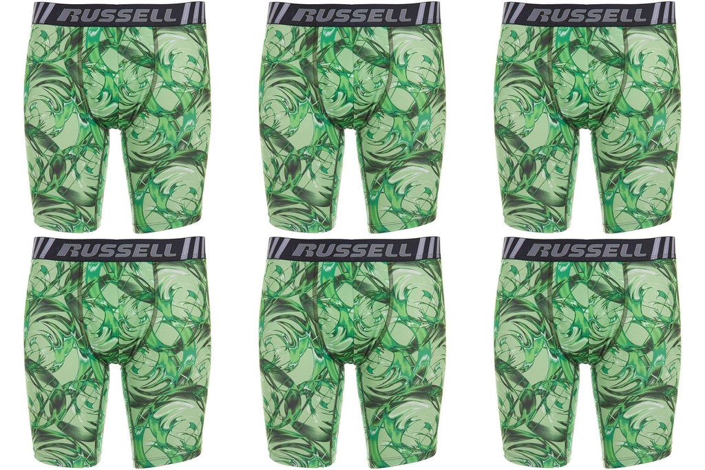 Russell Performance Men's Boxer Briefs Long Leg Green Print S-2X (6-Pack)