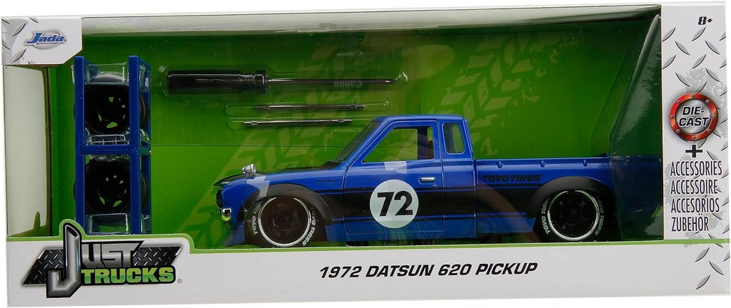 Just Trucks 1:24 Datsun 620 Pickup Die-Cast Truck w/Tire Rack, Toys for Kids and Adults(Blue/Black Stripe)