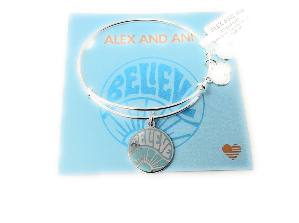 Alex and Ani Womens Words are Powerful, Believe EWB Bangle Bracelet, Shiny Silver, Expandable