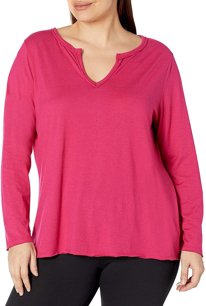 JUST MY SIZE Women's Plus Size Split Neck Long Sleeve Tee