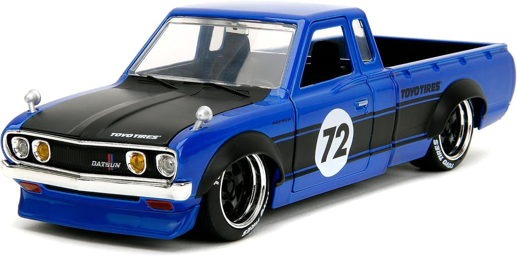 Just Trucks 1:24 Datsun 620 Pickup Die-Cast Truck w/Tire Rack, Toys for Kids and Adults(Blue/Black Stripe)