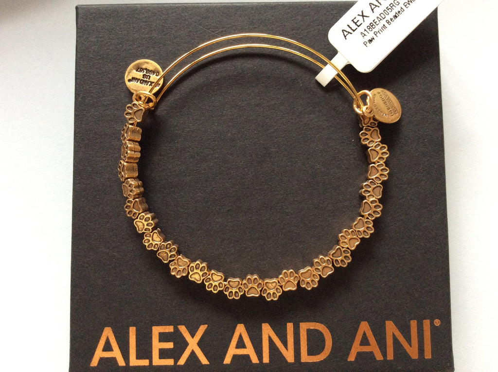 Alex and Ani Paw Print Beaded Bracelet Rafaelian Gold Tag Box Card