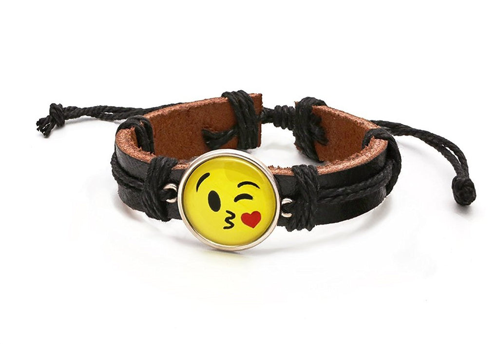 Leather Adjustable Kissy Face Emoji Bracelet, Black