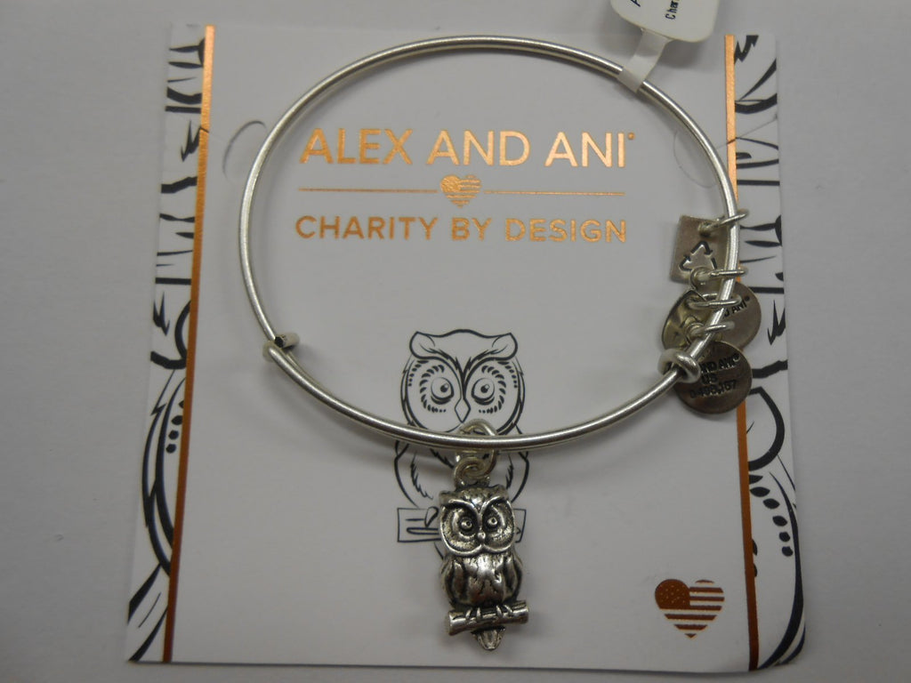 Alex and Ani Women's Charity By Design, Owl Charm Bangle Bracelet, Rafaelian Silver, Expandable