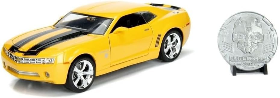 2006 Chevy Camaro Concept Yellow Bumblebee with Robot on Chassis and Collectible Metal Coin Transformers Movie 1/24 Diecast Model Car by Jada 98497