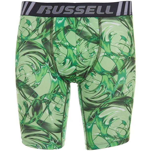 Russell Performance Men's Boxer Briefs Long Leg Green Print S-2X (6-Pack)
