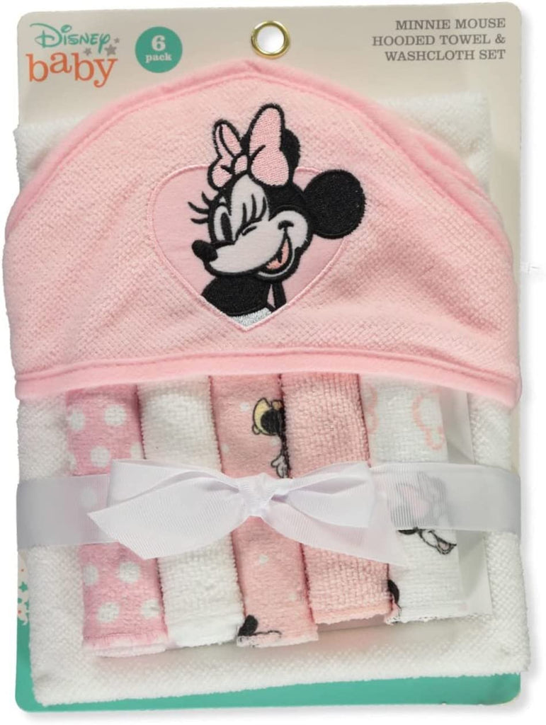 Disney Baby Minnie Mouse Hooded Towel with 5 Piece Washcloth Set, Rosy Dream Print, GS71796