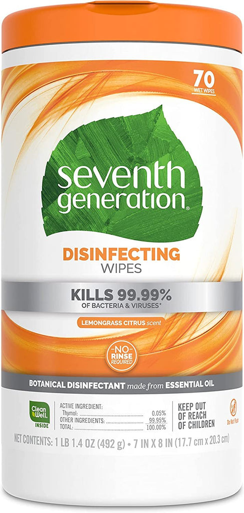 Seventh Generation Disinfecting Multi-Surface Wipes, Lemongrass Citrus Scent, 70 Wipes