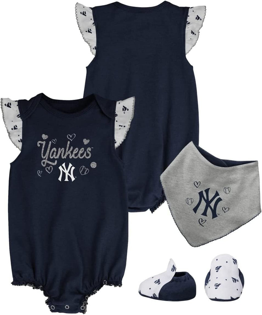 Outerstuff MLB Girls Newborn & Infants 0-24 Months Home Plate 3 Piece Onesie Creeper Bodysuit Romper, Bib & Booties Set