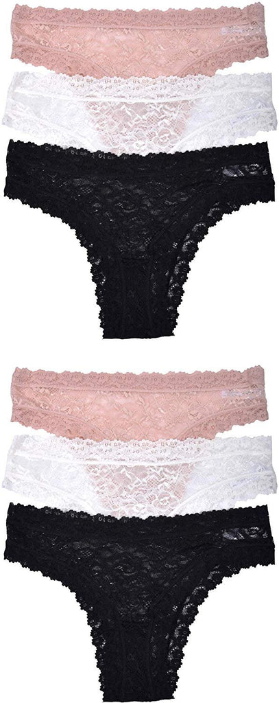 Elle Women's Lace Tanga Panties - Premium Quality 6-Pack 100% Nylon with Lace Leg Openings