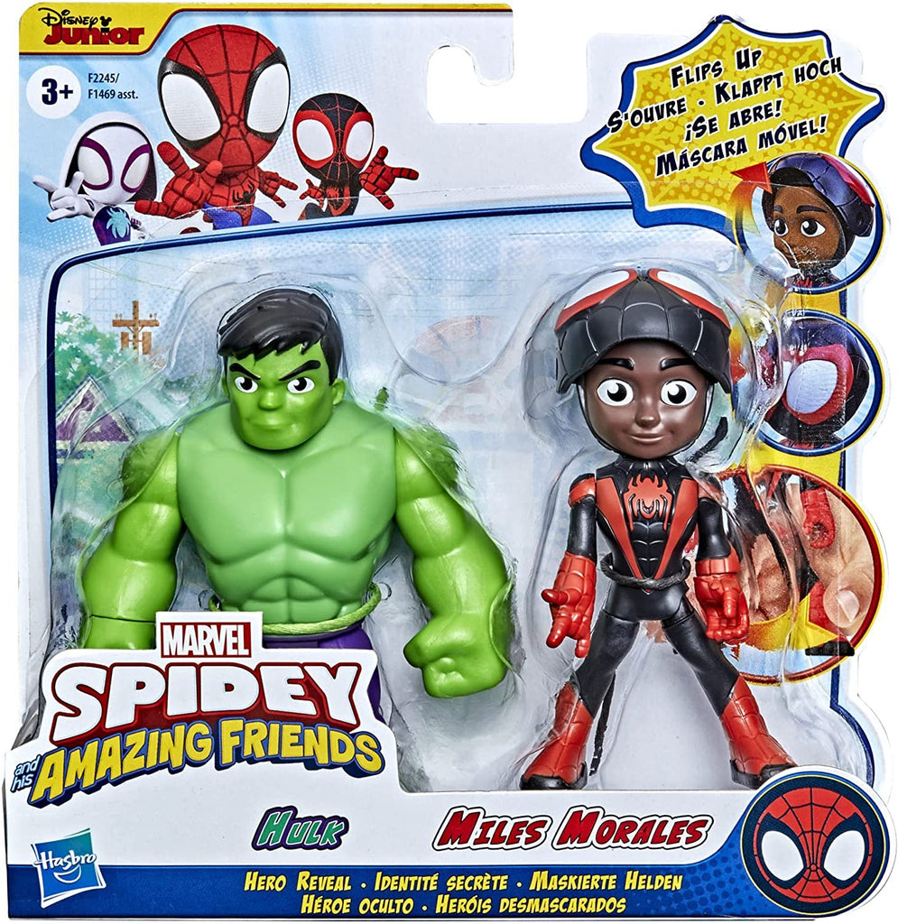 Marvel Spidey and His Amazing Friends Hero Reveal 2-Pack,-Action Figures,-Mask Flip Feature, Miles Morales: Spider-Man and Hulk, 3 and Up