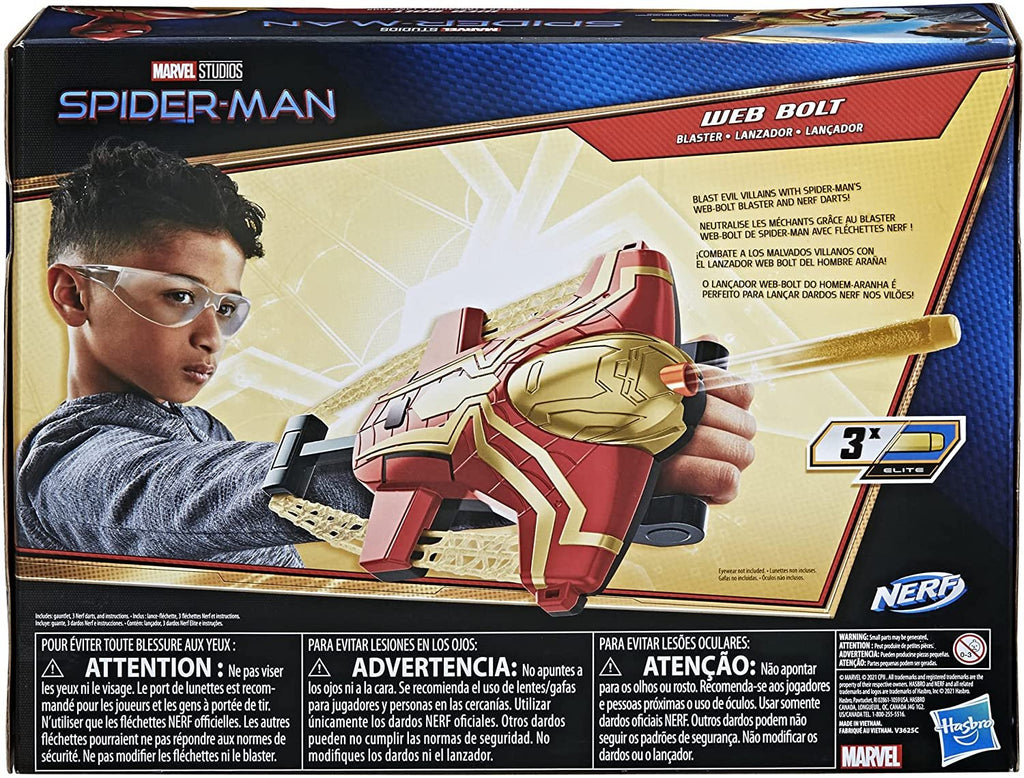 Spider-Man Marvel Web Bolt NERF Blaster Toy for Kids, Movie-Inspired Design, Includes 3 Elite Nerf Darts, for Kids Ages 5 and Up