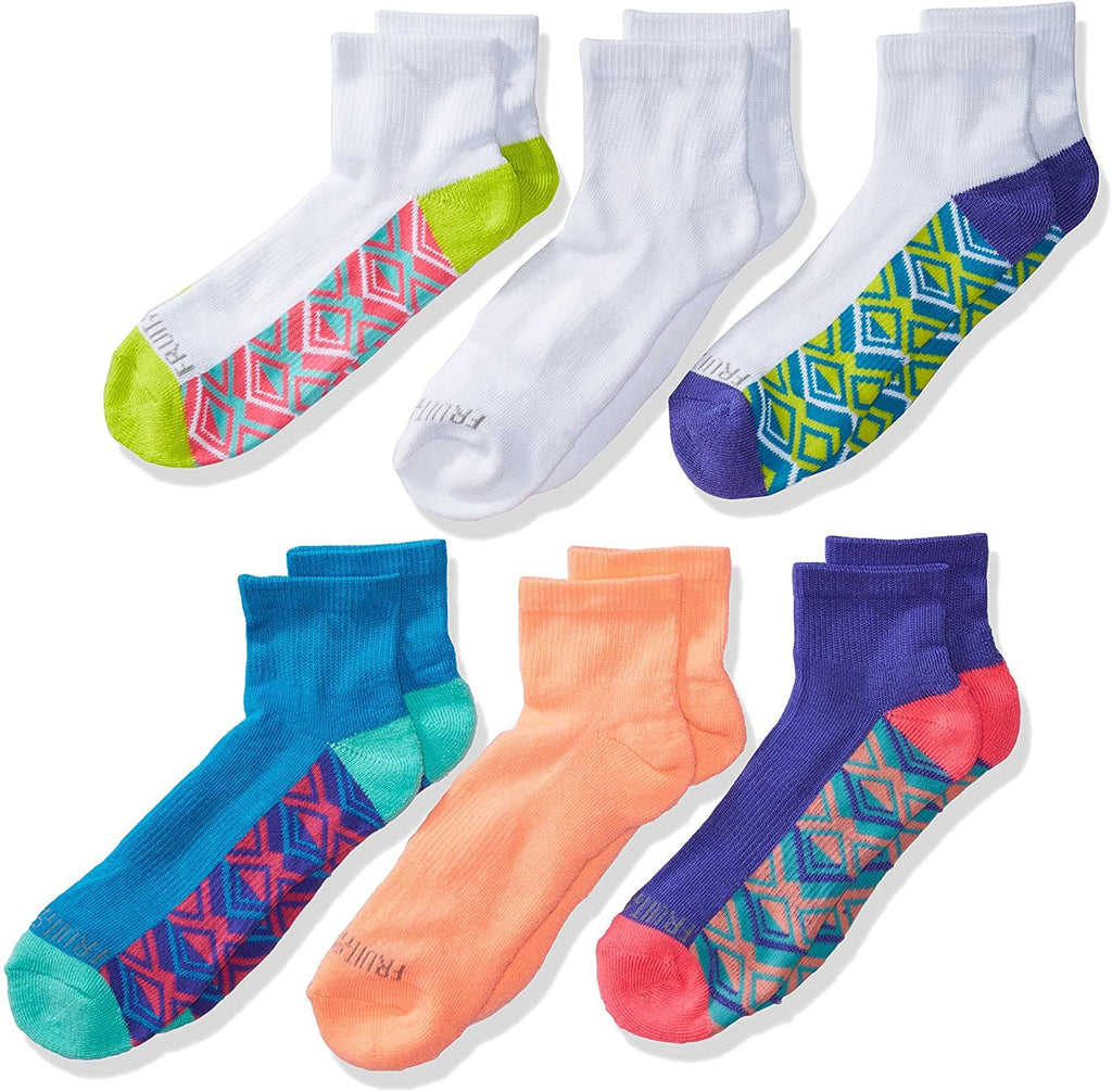 Fruit of the Loom Girls' Big Everyday Active Ankle Socks-6 Pair Pack, white, pink, purple, blue, green, teal, Shoe Size: