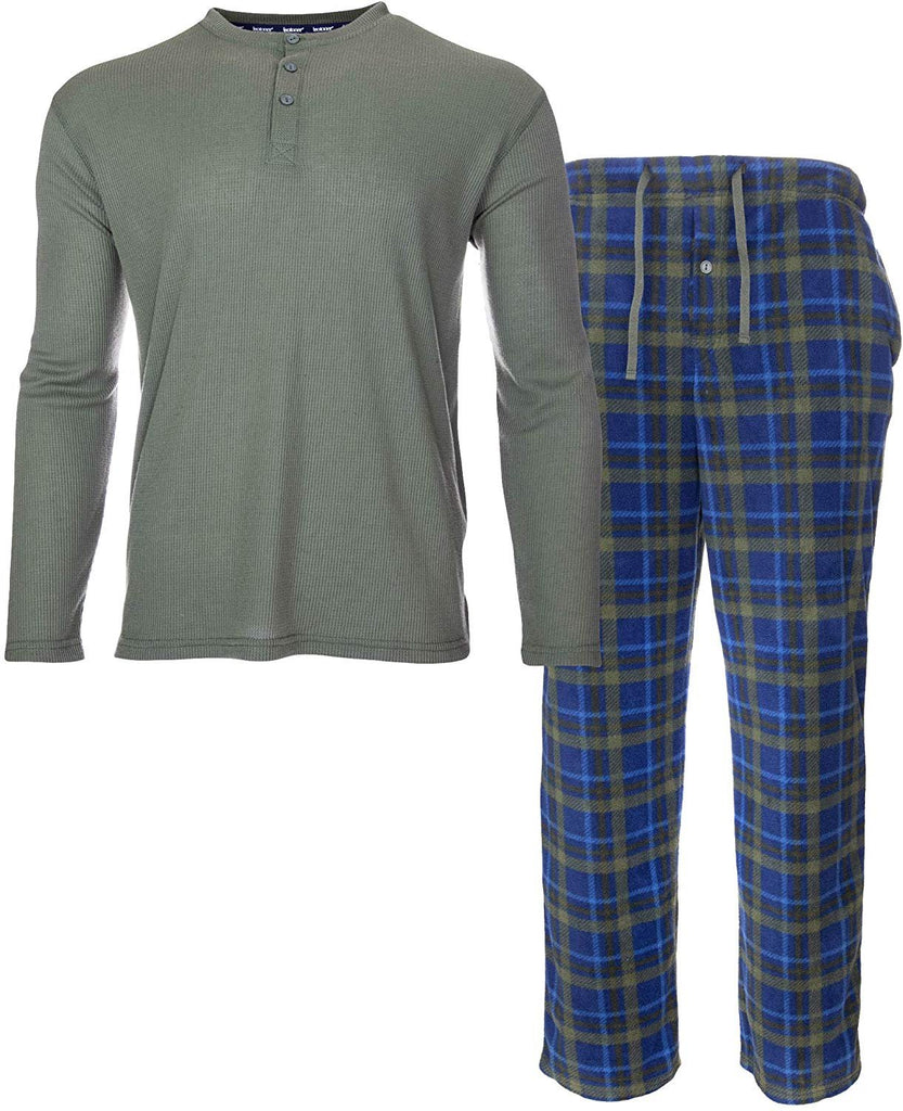 ISOTONER Mens Thermal Sleep Set - Pockets Super Soft Jersey Pajamas Knit Top Flannel Bottom