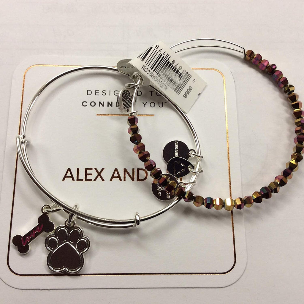 Alex and Ani Dog Bone and Paw Set of 2 Bangle Bracelet Shiny Silver One Size