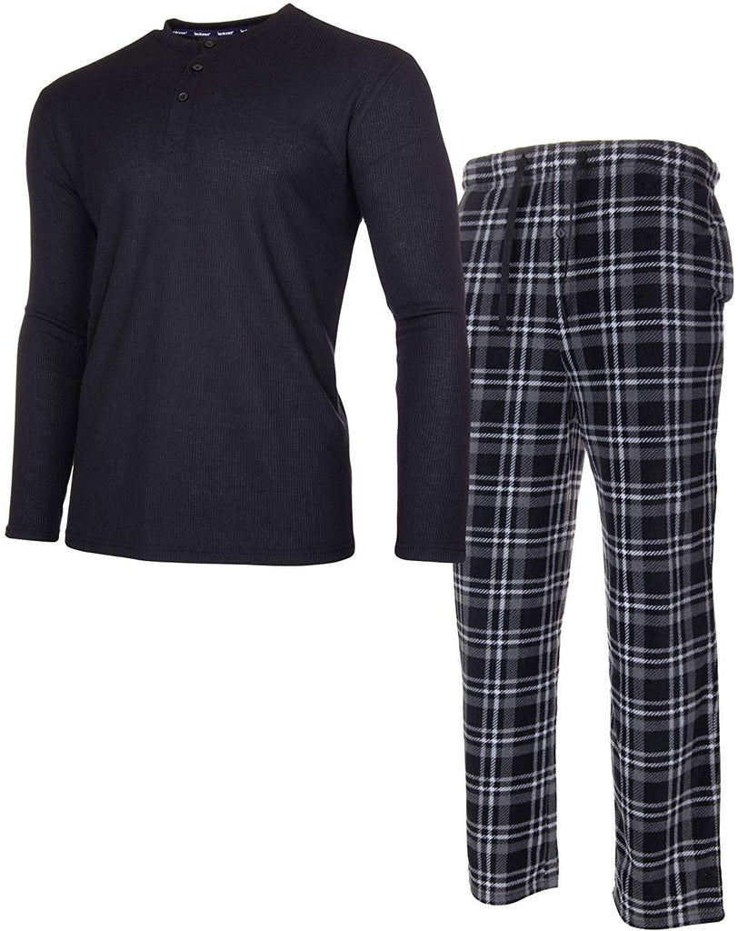 ISOTONER Mens Thermal Sleep Set - Pockets Super Soft Jersey Pajamas Knit Top Flannel Bottom