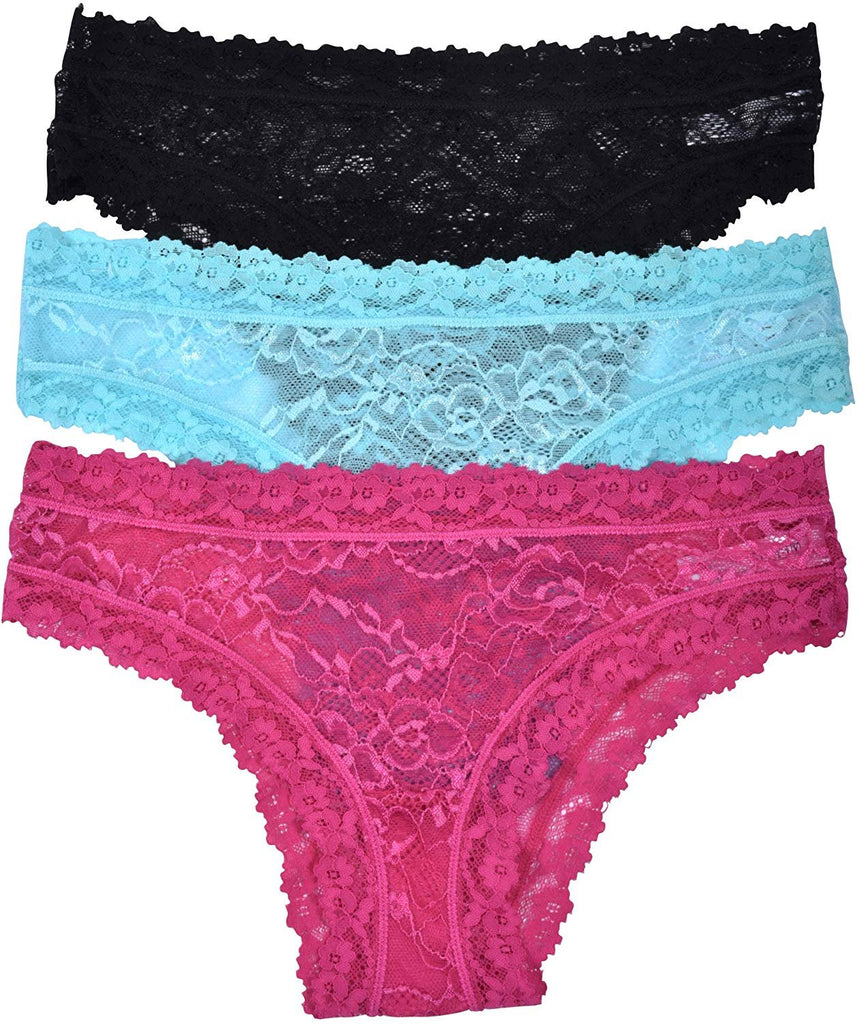 Elle Women's Lace Tanga Panties - Premium Quality 6-Pack 100% Nylon with Lace Leg Openings