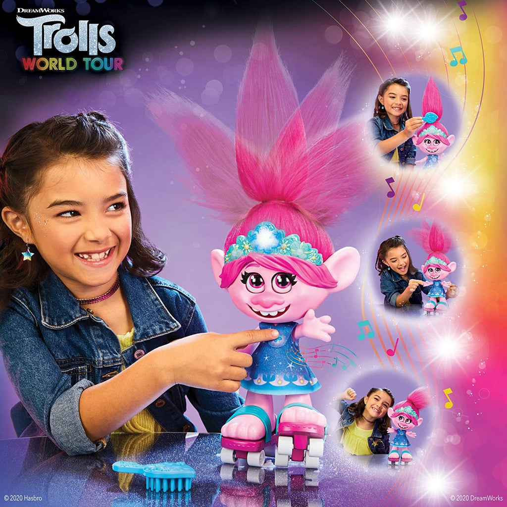 Trolls DreamWorks World Tour Dancing Hair Poppy Interactive Talking Singing Doll with Moving Hair, Toy for Girls and Boys 4 Years and Up