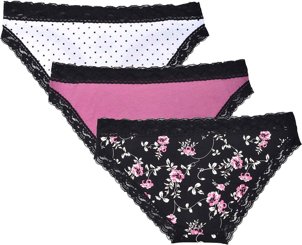 Donna L'oren Women's Bikini Panties Floral Lace Trim 3-Pack Sizes S-XL