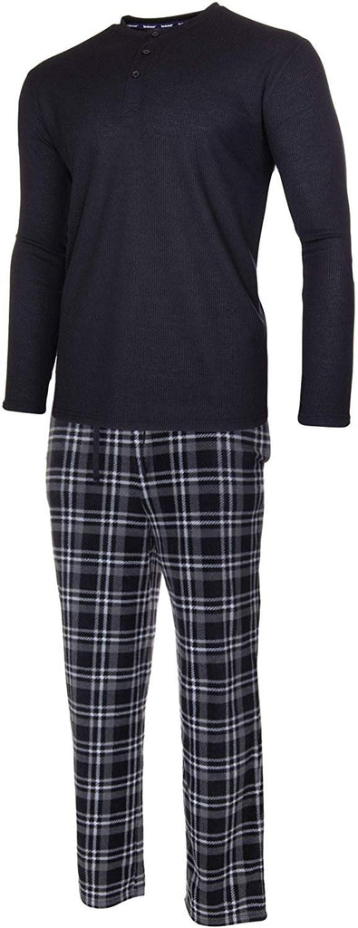 ISOTONER Mens Thermal Sleep Set - Pockets Super Soft Jersey Pajamas Knit Top Flannel Bottom