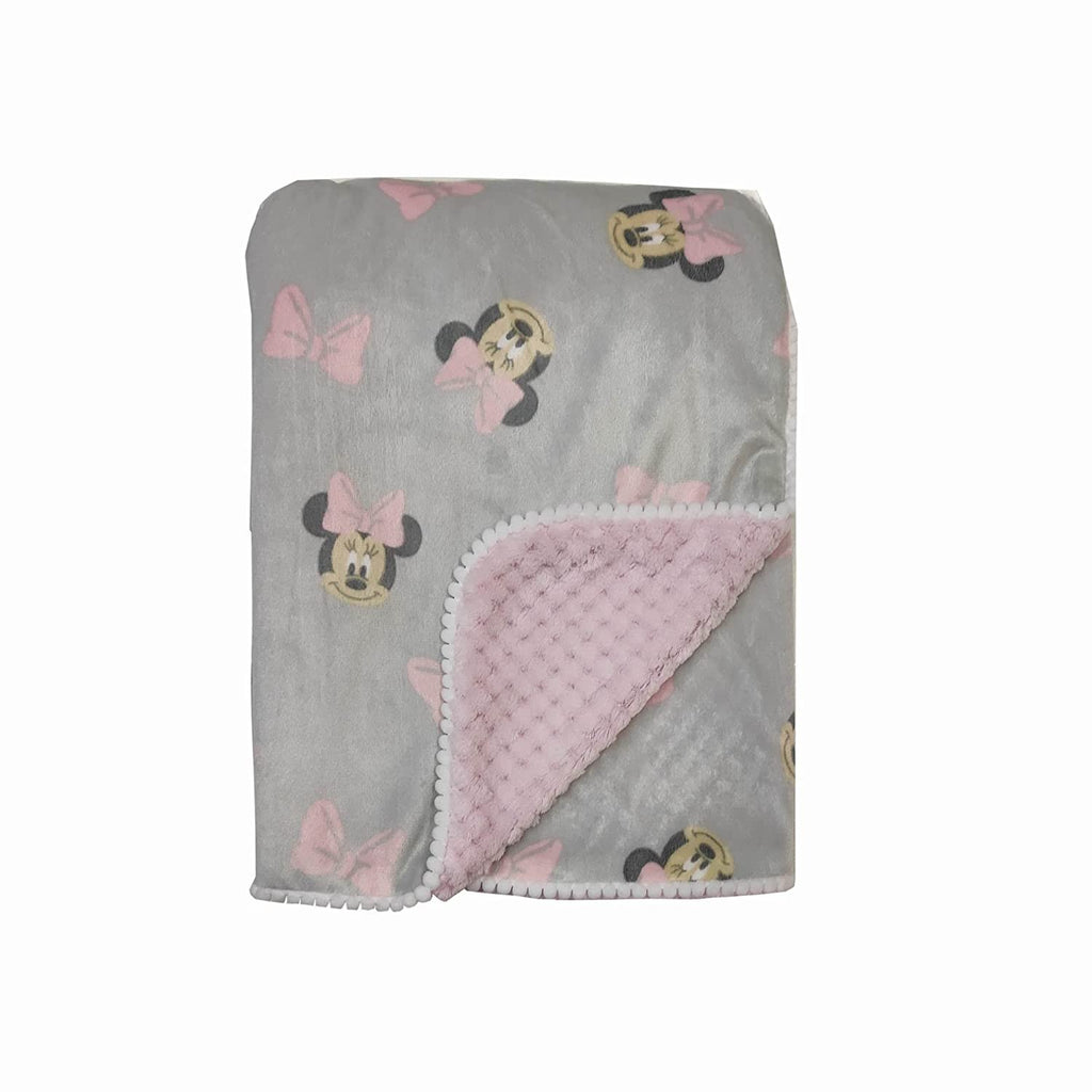 Disney Cudlie Baby Girl Mickey Mouse MNK/Waffle with Pom Edge Blanket with Sweet Time Print