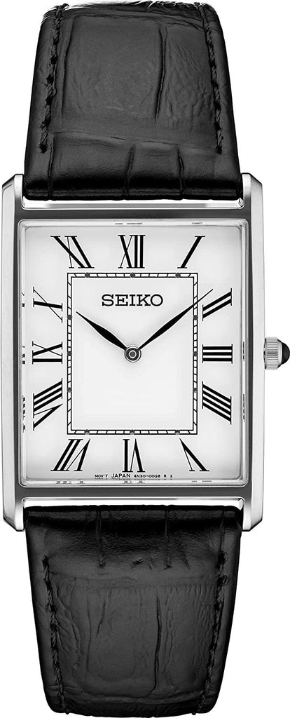 Seiko Men Stainless Steel Quartz Dress Watch with Leather Strap, Black, 20 (Model: SWR049)