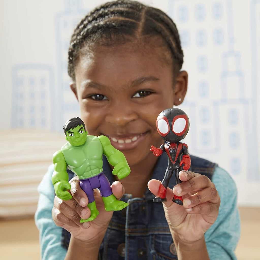 Marvel Spidey and His Amazing Friends Hero Reveal 2-Pack,-Action Figures,-Mask Flip Feature, Miles Morales: Spider-Man and Hulk, 3 and Up