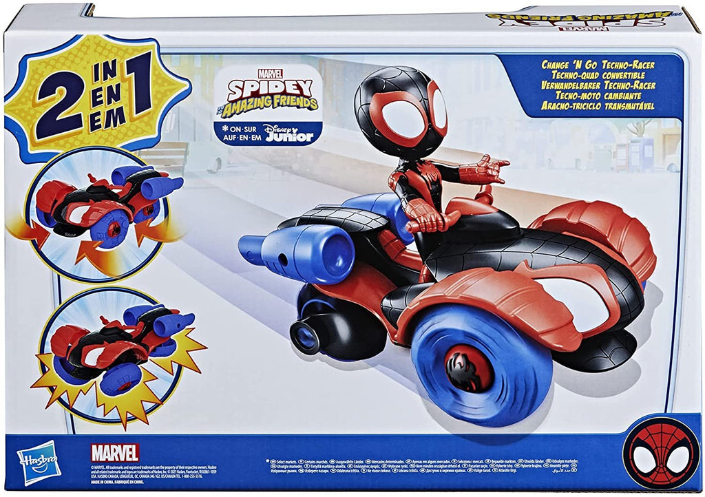 Marvel Spidey and His Amazing Friends Change 'N Go Techno-Racer Vehicle and Miles Morales: Spider-Man 4-inch Action Figure, for Kids Ages 3 and Up , Black