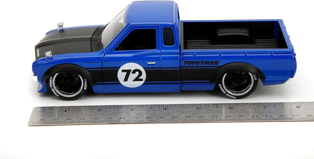 Just Trucks 1:24 Datsun 620 Pickup Die-Cast Truck w/Tire Rack, Toys for Kids and Adults(Blue/Black Stripe)